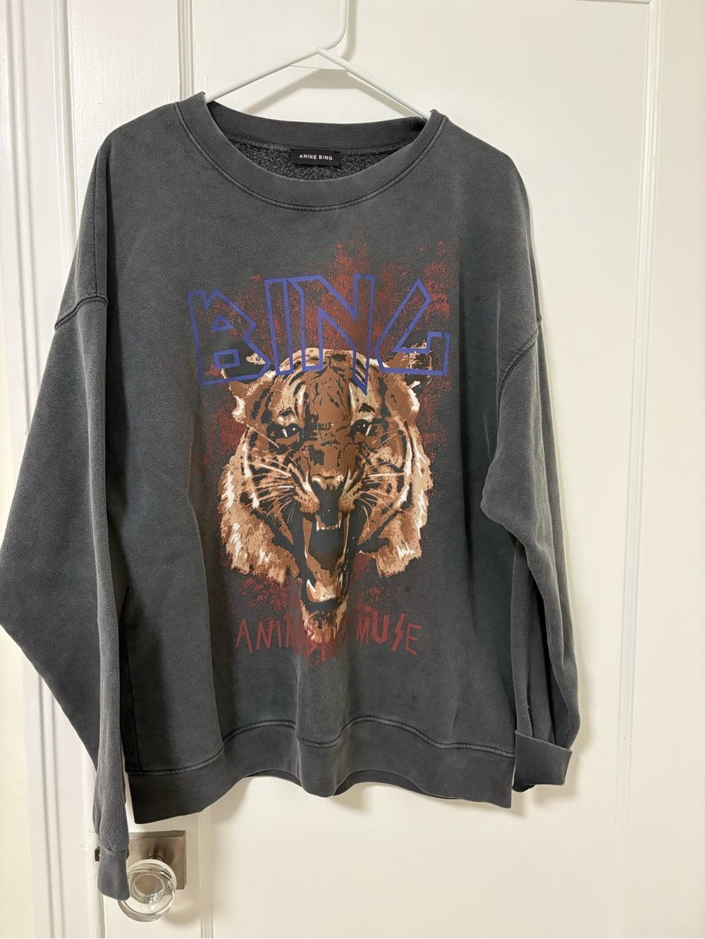 Anine Bing Charcoal Crewneck Sweatshirt with Brown Tiger Graphic
